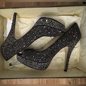 Enzo Angiolini Black Rhinestone Peep Toe Heels size 7